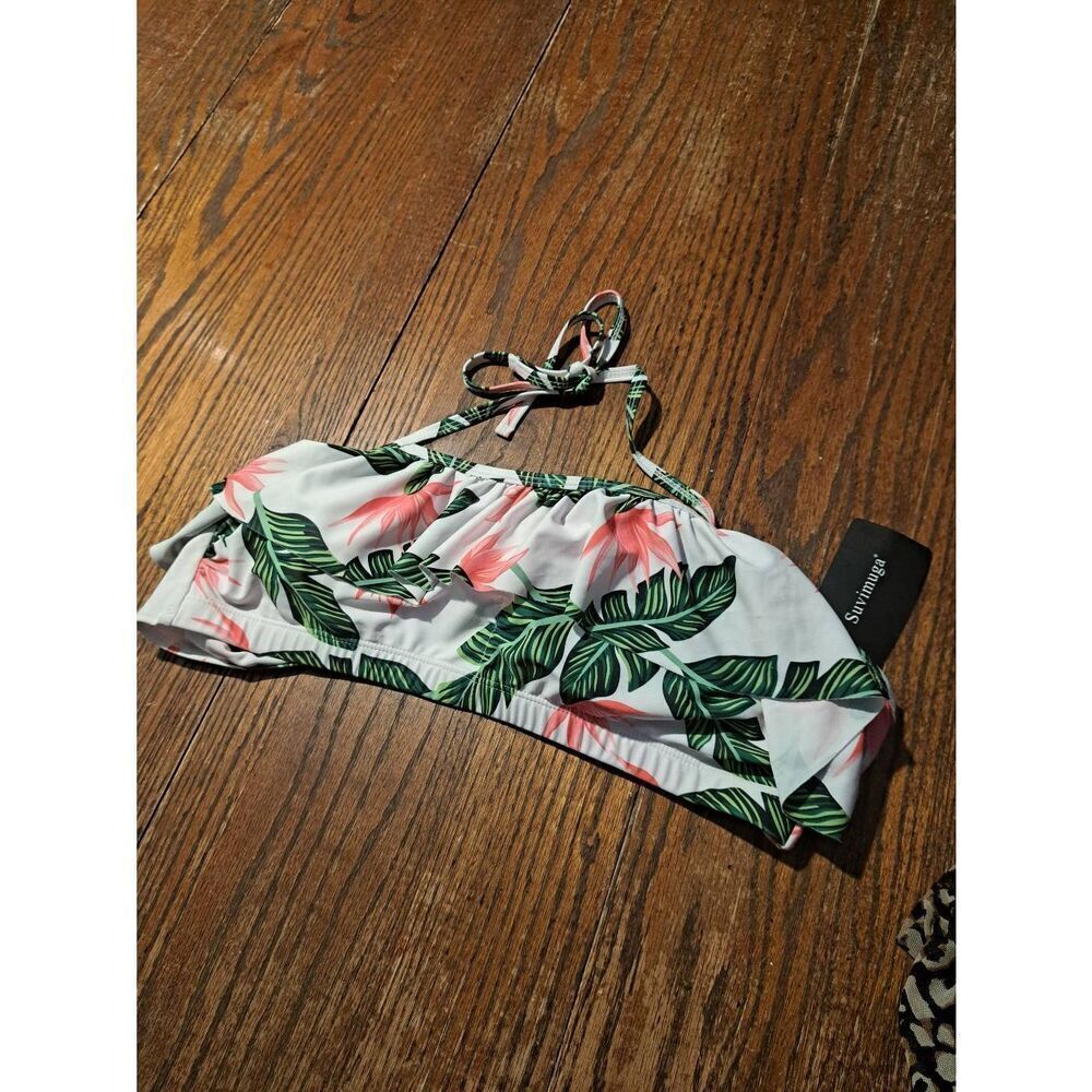 New XL Suvimuga Pink Green Tropical Hawaiian Bikini Swimsuit Bathing Suit Top
